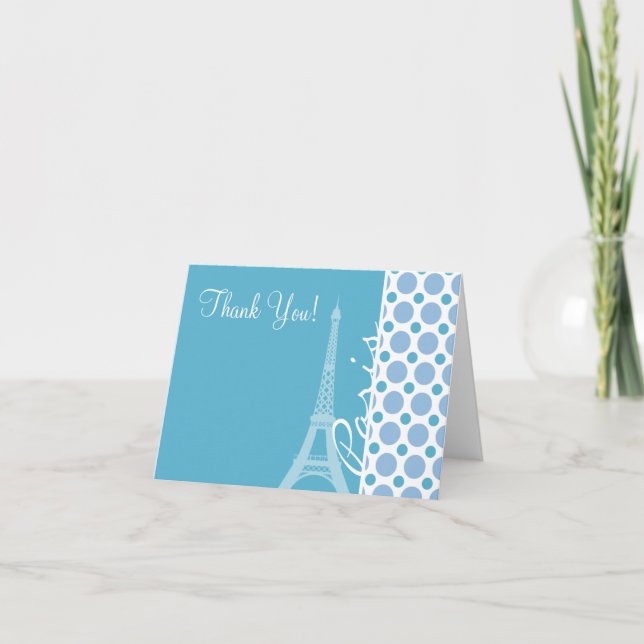 Paris, Eiffel Tower, Baby Blue Polka Dots Thank You Card (Front)