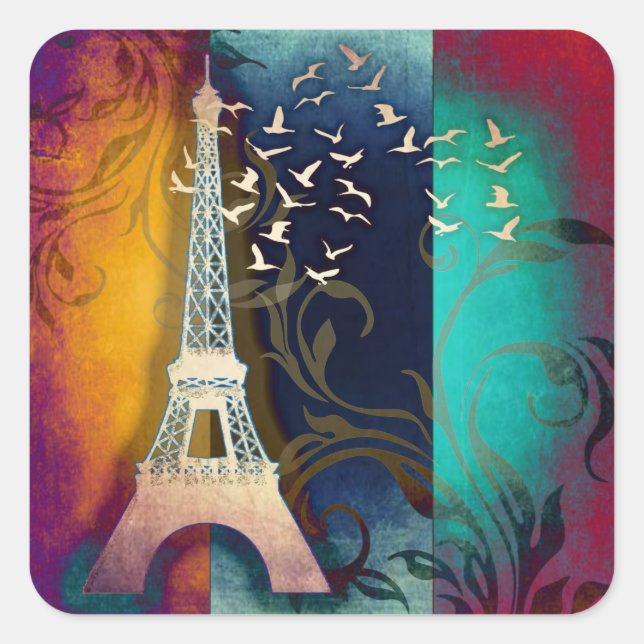 Paris Eiffel Tower bird swirl art square stickers (Front)