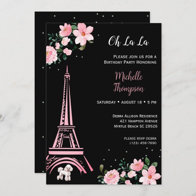 Paris Eiffel Tower Black and Pink Floral Birthday  Invitation (Front/Back)