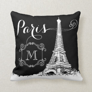 Paris Eiffel Tower Black and White Monogrammed Cushion