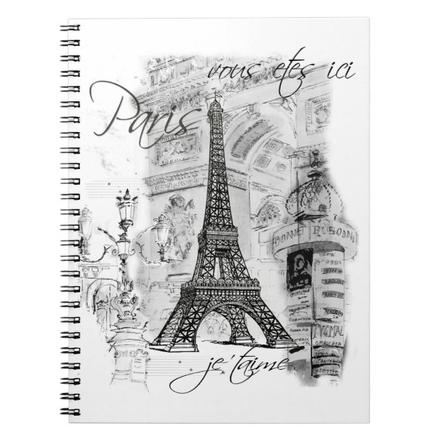 Paris Eiffel Tower Black & White Collage Notebook (Front)