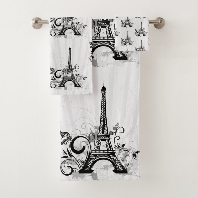 Paris Eiffel Tower Black White Elegant Flourish Bath Towel Set (Insitu)