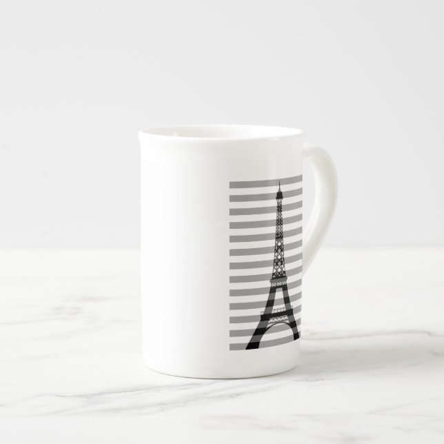 Paris Eiffel Tower Black White Stripes Bone China Mug (Front Right)
