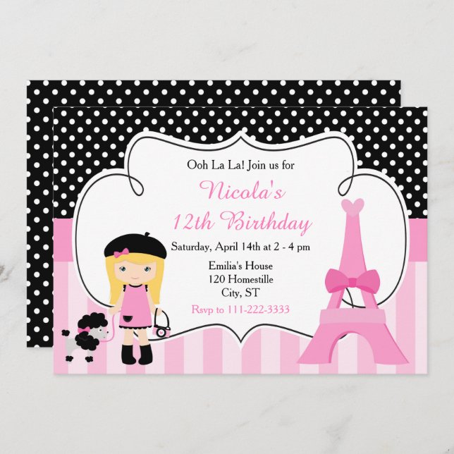 Paris Eiffel Tower Blonde Girl  Birthday Party Invitation (Front/Back)