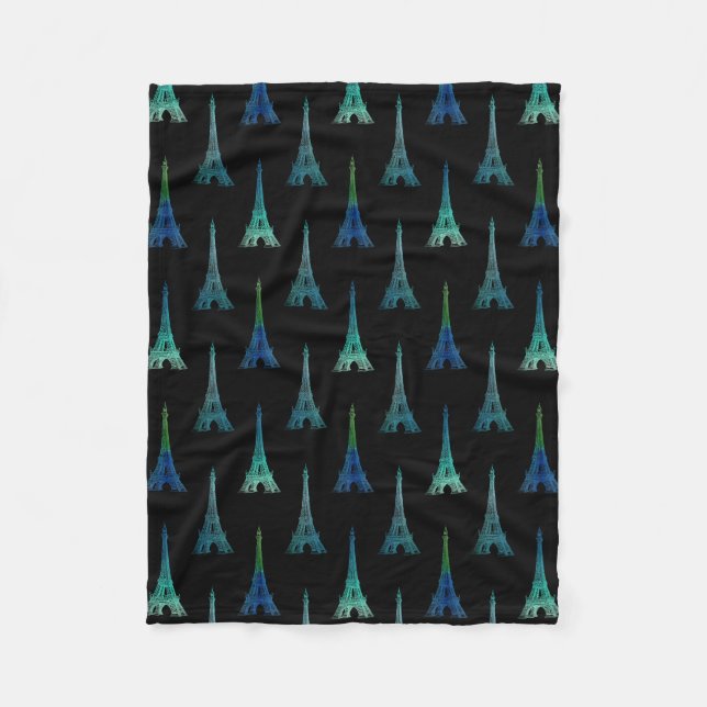 Paris Eiffel Tower Blue Black Fleece Blanket (Front)