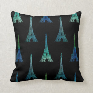 Paris Eiffel Tower Blue Black Throw Pillow