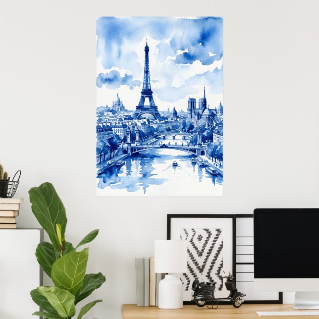 Paris Eiffel Tower Blue Watercolor Poster (Home Office)