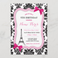 Paris Eiffel Tower Bow Damask Birthday Invite