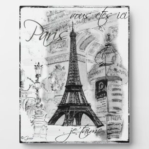 Paris Eiffel Tower Collage Black & White Scene Plaque