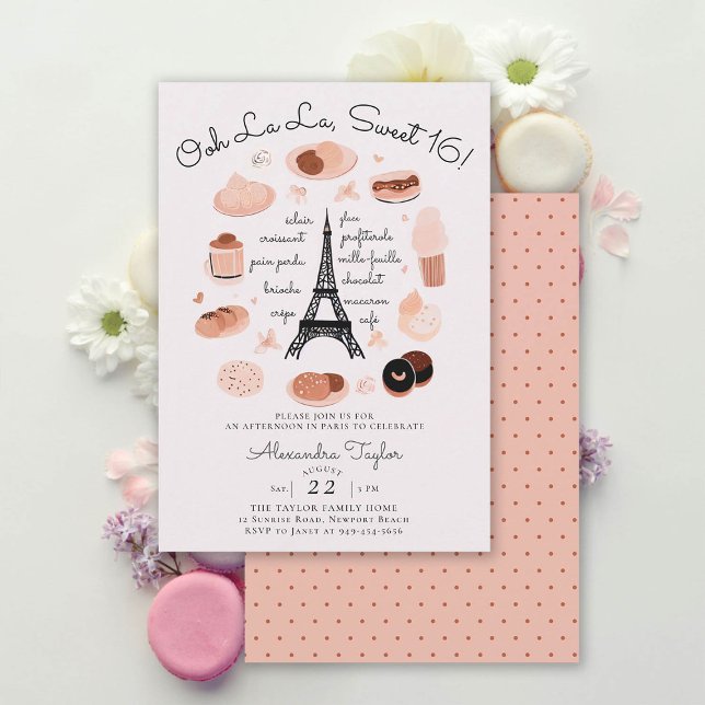 Paris Eiffel Tower Desserts Pink Blush Sweet 16 Invitation (paris sweet 16 invitations eiffel tower french desert dessert croissant eclair unique original girly)