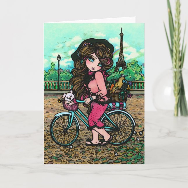 Paris Eiffel Tower Dog Bike Fantasy Girl Art Card (Front)