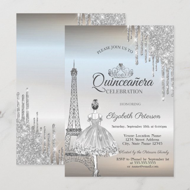 Paris Eiffel Tower,Drips,Ballerina  Quinceañera  Invitation (Front/Back)