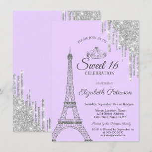 Paris Eiffel Tower,Drips, Light Purple Sweet 16  Invitation