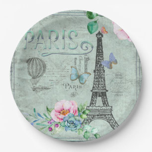 Paris-Eiffel Tower-Flower-Floral-Vintage-Roses Paper Plate