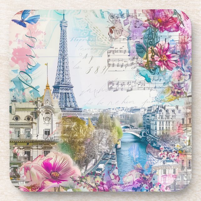 Paris Eiffel Tower Flowers Collage Travel Art Coaster (Front)