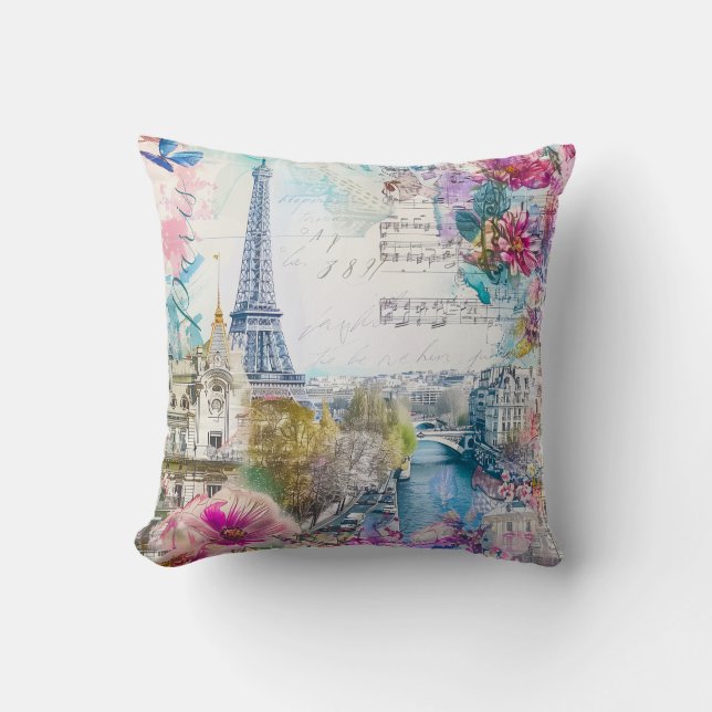 Paris Eiffel Tower Flowers Collage Travel Art Cushion (Front)