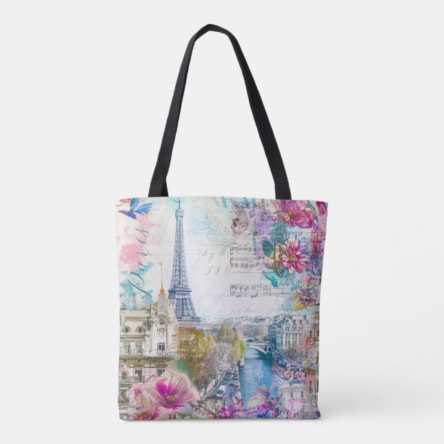 Paris Eiffel Tower Flowers Collage Travel Art Tote Bag (Back)
