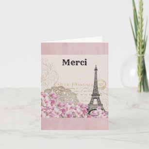 Paris Eiffel Tower France Pink Vintage Thank You Note Card