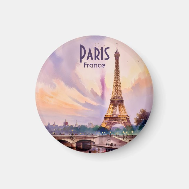 Paris Eiffel Tower France Sunset Watercolor Travel Magnet (Front)