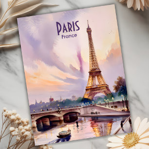 Paris Eiffel Tower France Sunset Watercolor Travel Postcard
