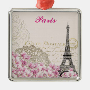 Paris Eiffel Tower France Vintage Pink Flowers Metal Ornament
