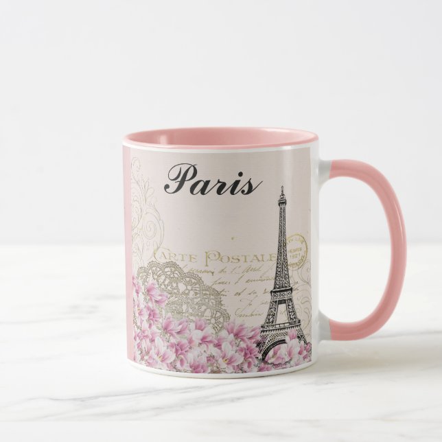Paris Eiffel Tower France Vintage Pink Flowers Mug (Right)