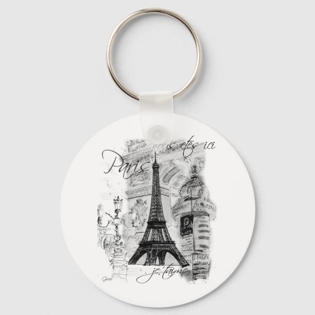 Paris Eiffel Tower French Scene Collage Key Ring (Front)