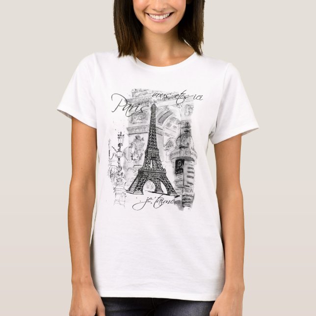 Paris Eiffel Tower French Scene Collage T-Shirt (Front)