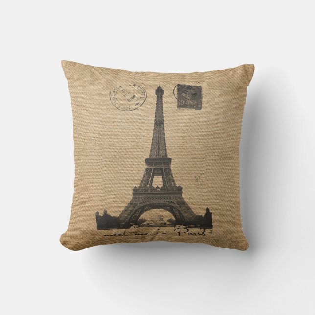Paris Eiffel Tower Gay Burlap Wedding Personalised Cushion (Front)