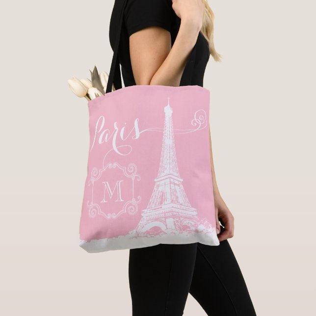 Paris Eiffel Tower Girly Pink White Monogrammed Tote Bag (Close Up)