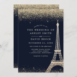 Paris Eiffel Tower Gold Confetti Navy Blue Wedding Invitation
