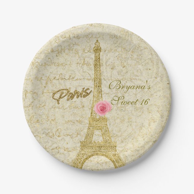 Paris Eiffel Tower Gold & Pink Glamour Party Paper Plate (Front)