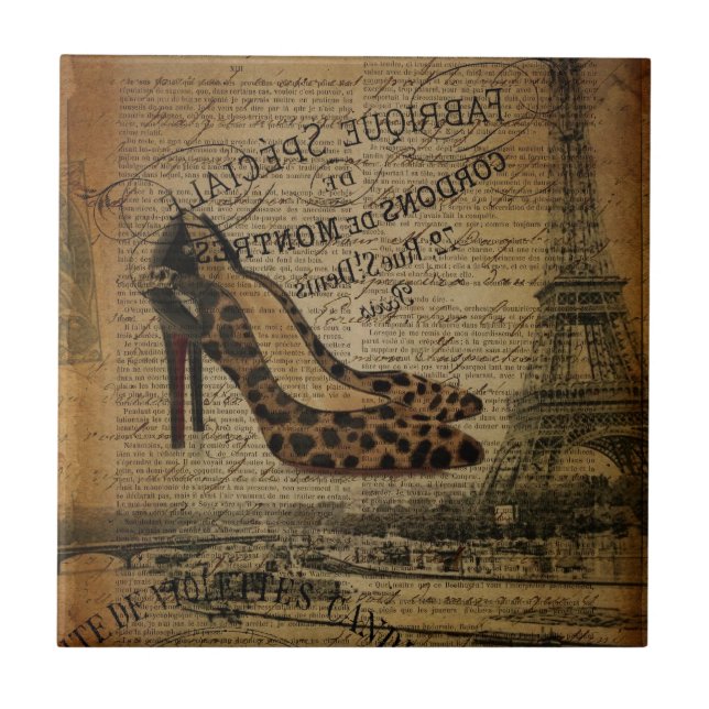 paris eiffel tower leopard hight heel fashionista ceramic tile (Front)
