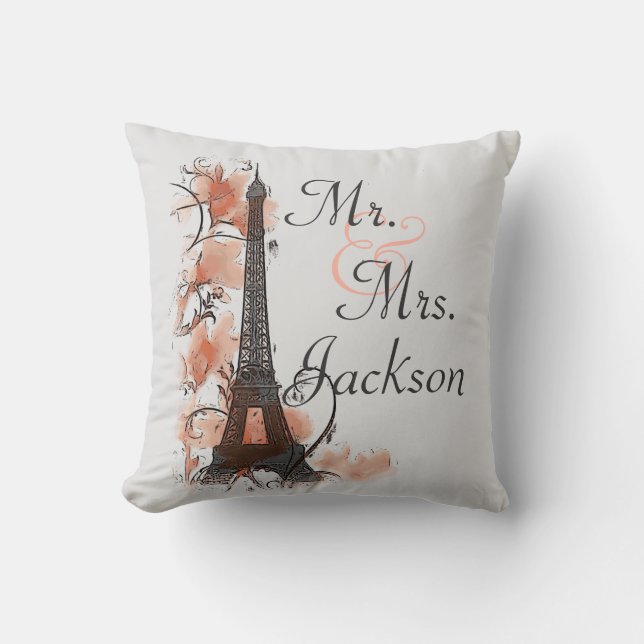 Paris Eiffel Tower Mr. Mrs. custom wedding pillow (Front)