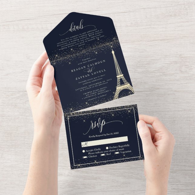 Paris Eiffel Tower Navy Gold Sparkle Wedding All I All In One Invitation (Tearaway)