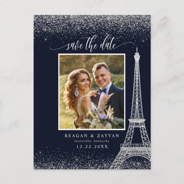 Paris Eiffel Tower Navy Silver Photo Save The Date Announcement Postcard (Front)