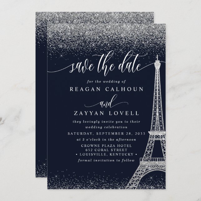 Paris Eiffel Tower Navy Silver Save The Date Card (Front/Back)