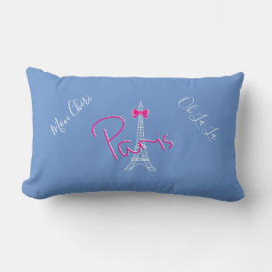 Paris, Eiffel Tower Pink Bow French Modern Blue Lumbar Cushion