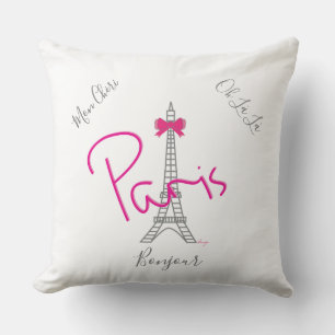 Paris, Eiffel Tower Pink Bow French Modern White Cushion