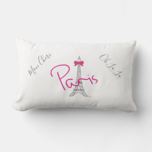 Paris, Eiffel Tower Pink Bow French Modern White Lumbar Cushion
