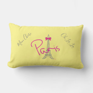 Paris, Eiffel Tower Pink Bow French Modern Yellow Lumbar Cushion