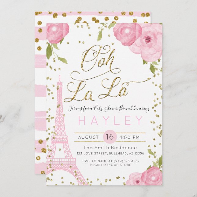 Paris Eiffel Tower Pink Gold Baby Shower Invitation (Front/Back)