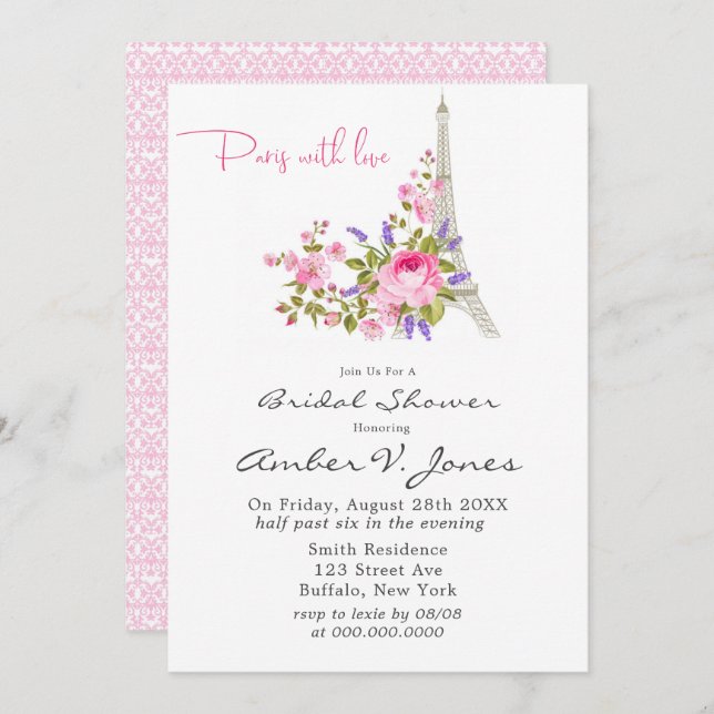 Paris Eiffel Tower Pink Peony Bridal Shower Invitation (Front/Back)