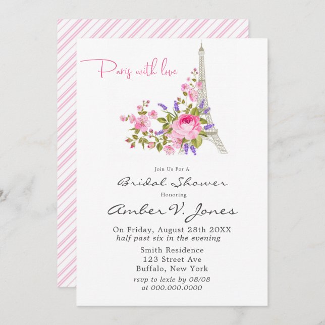 Paris Eiffel Tower Pink Peony Bridal Shower  Invitation (Front/Back)