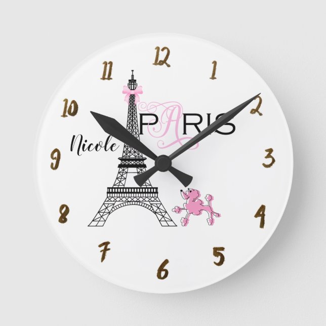 Paris Eiffel Tower Pink Poodle Chic Personalised Round Clock (Front)