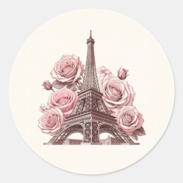 Paris Eiffel Tower & Pink Roses Classic Round Sticker (Front)