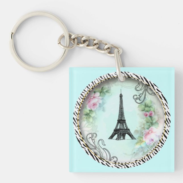 Paris Eiffel Tower & Pink Roses Key Ring (Front)