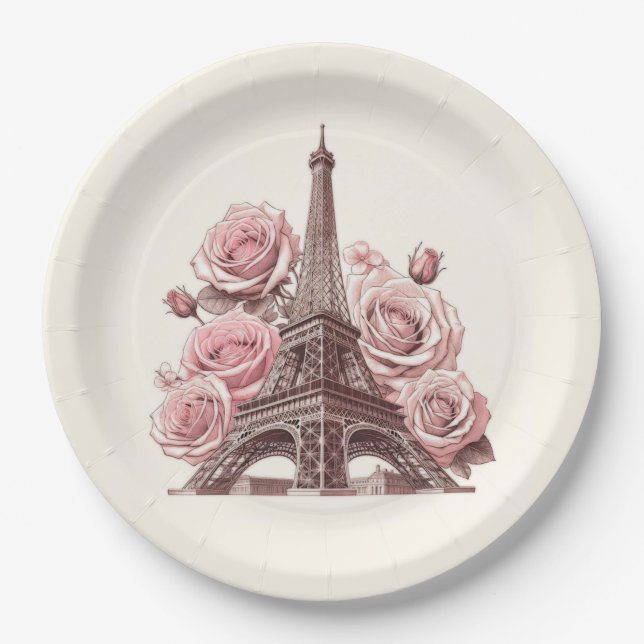 Paris Eiffel Tower & Pink Roses Paper Plate (Front)