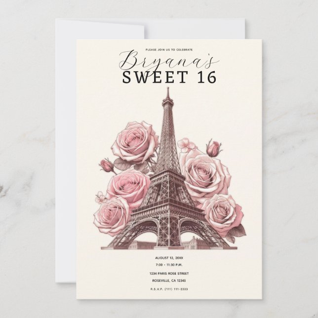 Paris Eiffel Tower & Pink Roses Sweet 16 Invitation (Front)
