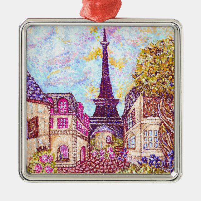 Paris Eiffel Tower Pointillism Landscape Metal Ornament (Front)